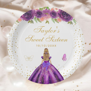 Purple Floral Blonde Hair Princess Sweet Sixteen Paper Plate