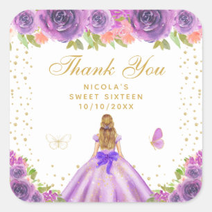 Purple Floral Blonde Hair Princess Sweet Sixteen Square Sticker