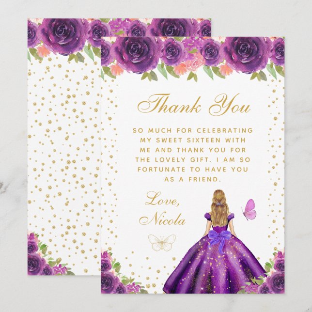 Purple Floral Blonde Hair Princess Sweet Sixteen Thank You Card (Front/Back)