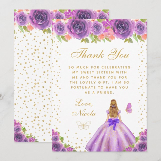 Purple Floral Blonde Hair Princess Sweet Sixteen Thank You Card (Front/Back)