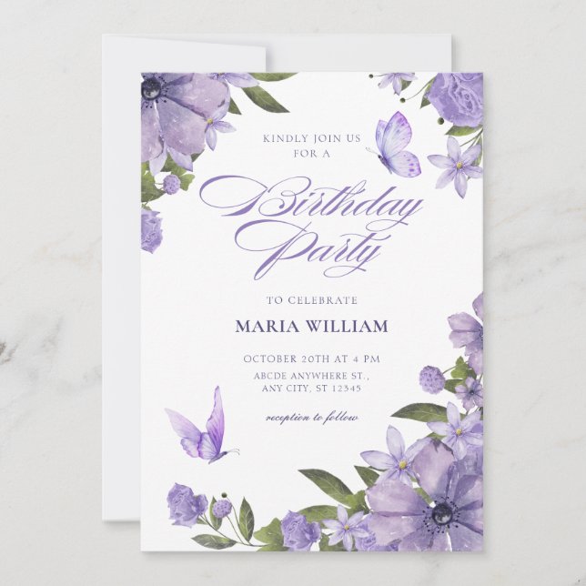 Purple floral bloom birthday invitation (Front)