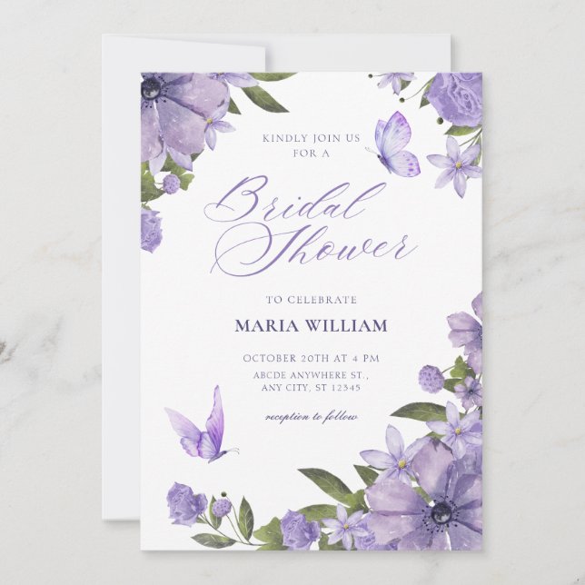 Purple floral bloom bridal shower invitation (Front)