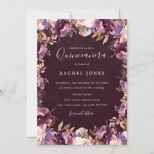 Purple Floral Bloom Watercolor Quinceanera Invitation (Front)