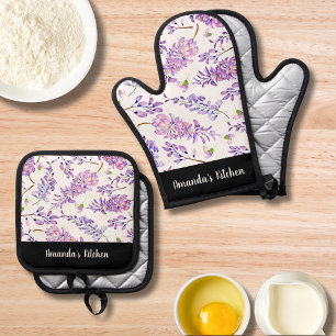 Purple Floral Bloom Watercolor Script Personalised Oven Mitt & Pot Holder Set
