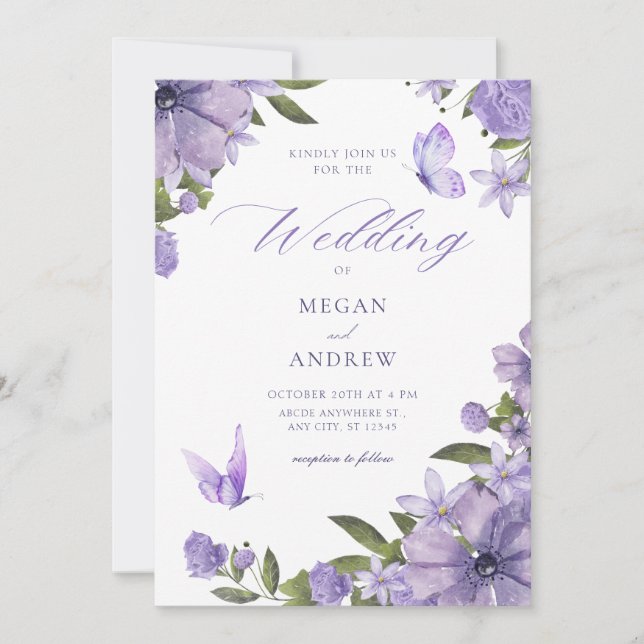 Purple floral bloom wedding invitation (Front)