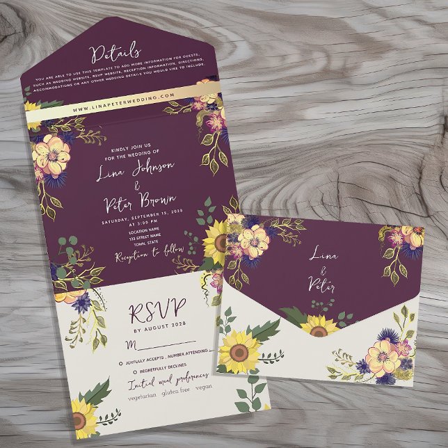 Purple Floral Boho Chic Wedding All In One Invitation (Creator Uploaded)