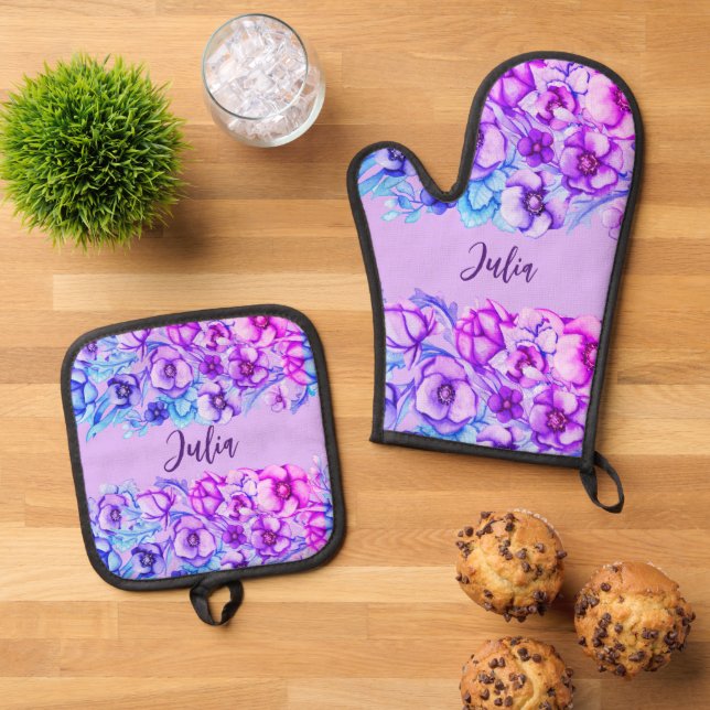 Purple floral borders -add name oven mitt & pot holder set (Top Down)