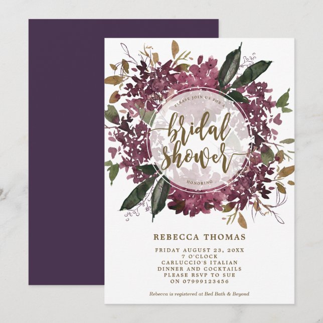 purple floral botanical bridal shower invitation (Front/Back)