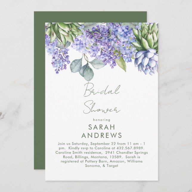 Purple Floral Botanical Bridal Shower Invitation (Front/Back)