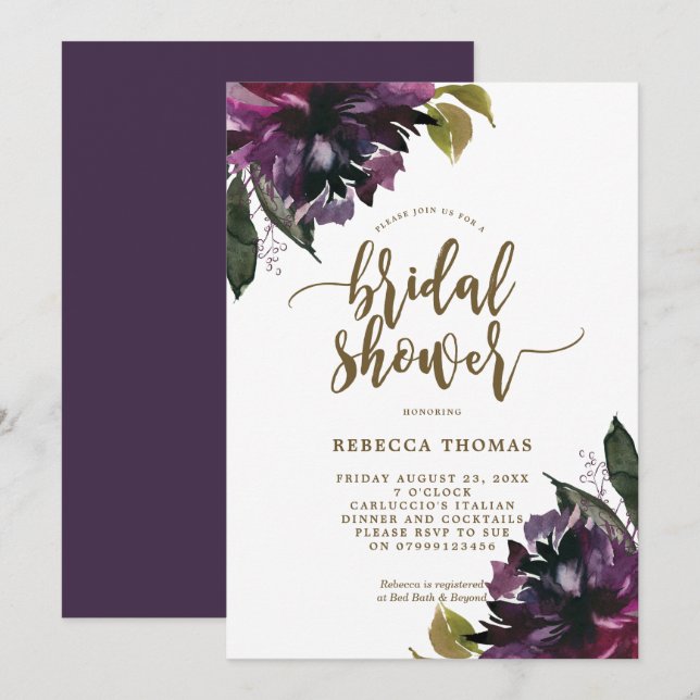 purple floral botanical bridal shower invitation (Front/Back)