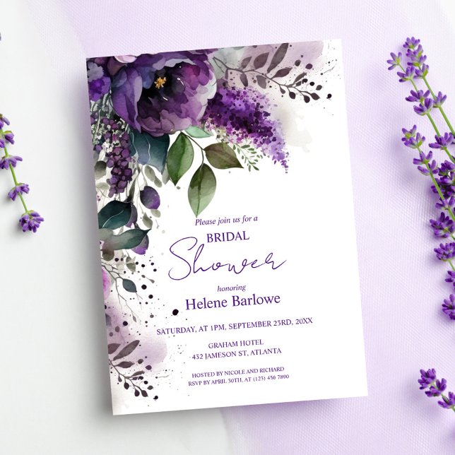 Purple Floral Botanical Elegant Bridal Shower Invitation (Purple Floral Botanical Elegant Bridal Shower Invitation)