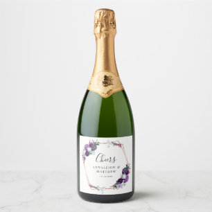 Purple Floral Botanical Geometric Cheers Wedding Sparkling Wine Label