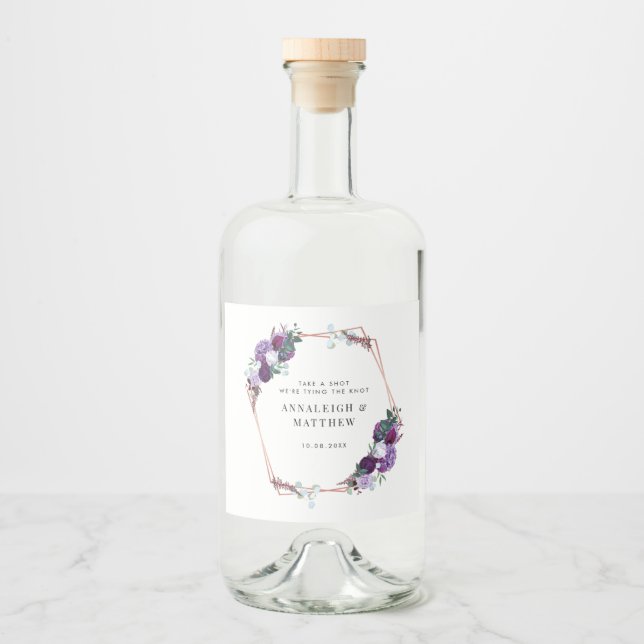 Purple Floral Botanical Geometric Wedding Liquor Bottle Label (Front)