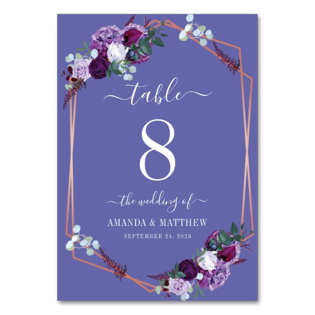 Purple Floral Botanical Rose Gold Frame Wedding Table Number (Front)