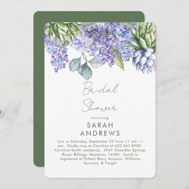 Purple Floral Botanical Rounded Bridal Shower  Invitation (Front/Back)