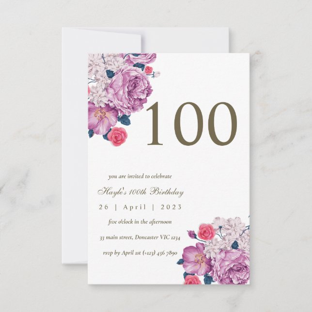 Purple Floral Botanical Simple Chic 100th Birthday Invitation (Front)