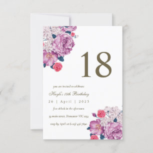 Purple Floral Botanical Simple Chic 18th Birthday Invitation
