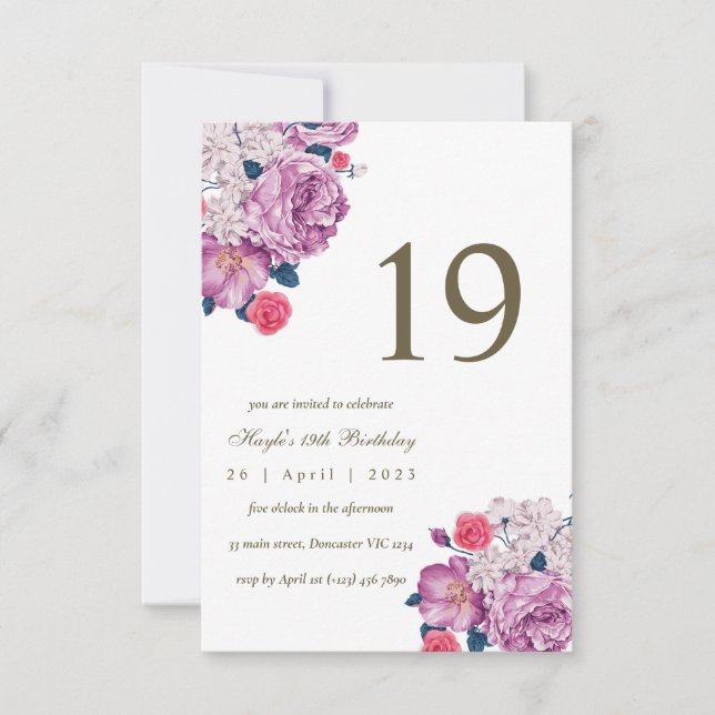 Purple Floral Botanical Simple Chic 19th Birthday Invitation (Front)