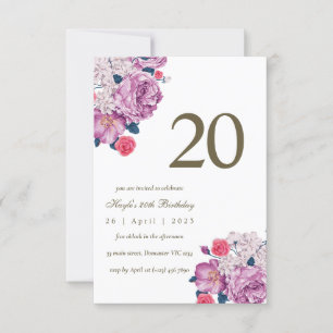 Purple Floral Botanical Simple Chic 20th Birthday Invitation