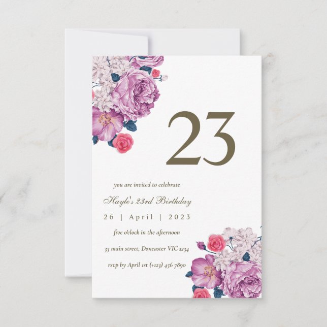 Purple Floral Botanical Simple Chic 23rd Birthday Invitation (Front)
