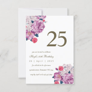 Purple Floral Botanical Simple Chic 25th Birthday Invitation