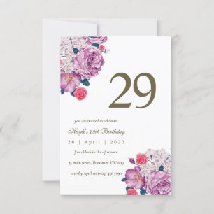 Purple Floral Botanical Simple Chic 29th Birthday Invitation