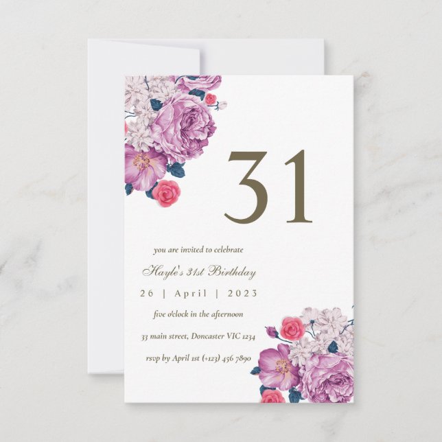 Purple Floral Botanical Simple Chic 31st Birthday Invitation (Front)