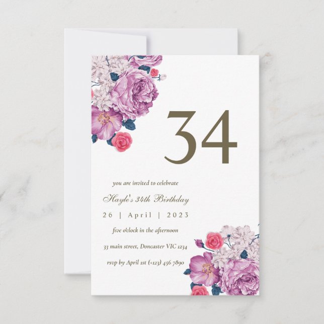 Purple Floral Botanical Simple Chic 34th Birthday Invitation (Front)