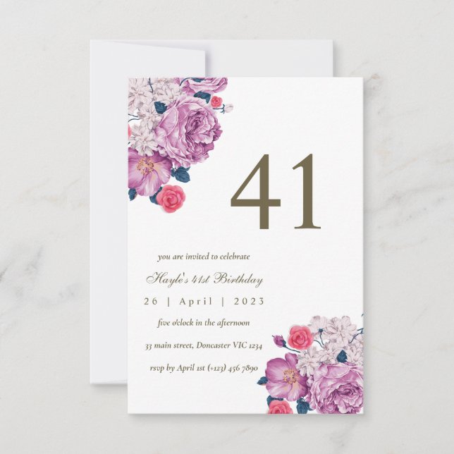 Purple Floral Botanical Simple Chic 41st Birthday Invitation (Front)