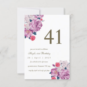 Purple Floral Botanical Simple Chic 41st Birthday Invitation