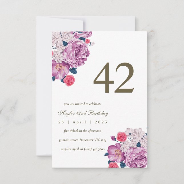 Purple Floral Botanical Simple Chic 42nd Birthday Invitation (Front)