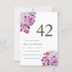 Purple Floral Botanical Simple Chic 42nd Birthday Invitation