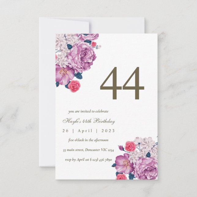 Purple Floral Botanical Simple Chic 44th Birthday Invitation (Front)
