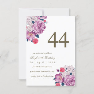 Purple Floral Botanical Simple Chic 44th Birthday Invitation