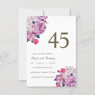 Purple Floral Botanical Simple Chic 45th Birthday Invitation