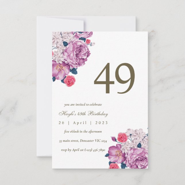 Purple Floral Botanical Simple Chic 49th Birthday Invitation (Front)