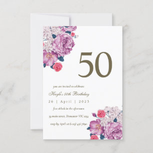 Purple Floral Botanical Simple Chic 50th Birthday Invitation
