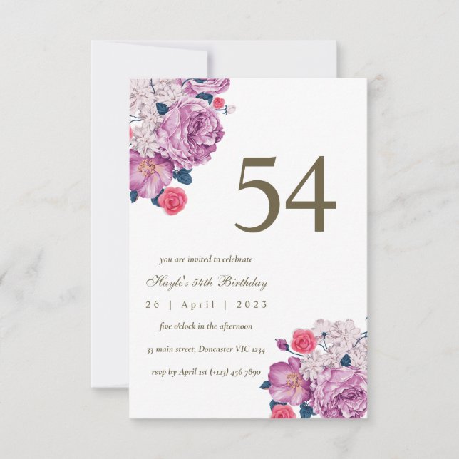 Purple Floral Botanical Simple Chic 54th Birthday Invitation (Front)