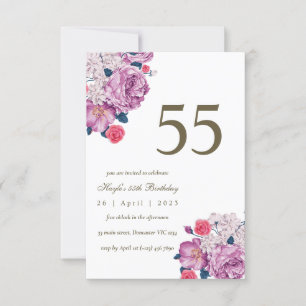Purple Floral Botanical Simple Chic 55th Birthday Invitation
