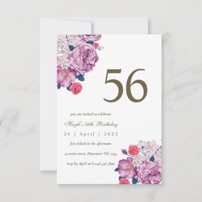 Purple Floral Botanical Simple Chic 56th Birthday Invitation (Front)