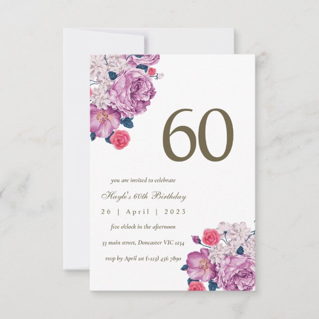 Purple Floral Botanical Simple Chic 60th Birthday Invitation (Front)