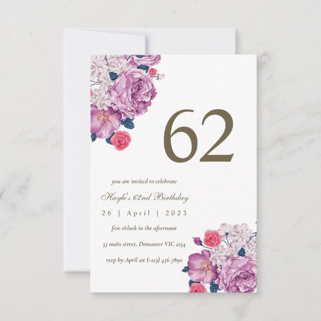 Purple Floral Botanical Simple Chic 62nd Birthday Invitation (Front)