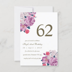 Purple Floral Botanical Simple Chic 62nd Birthday Invitation