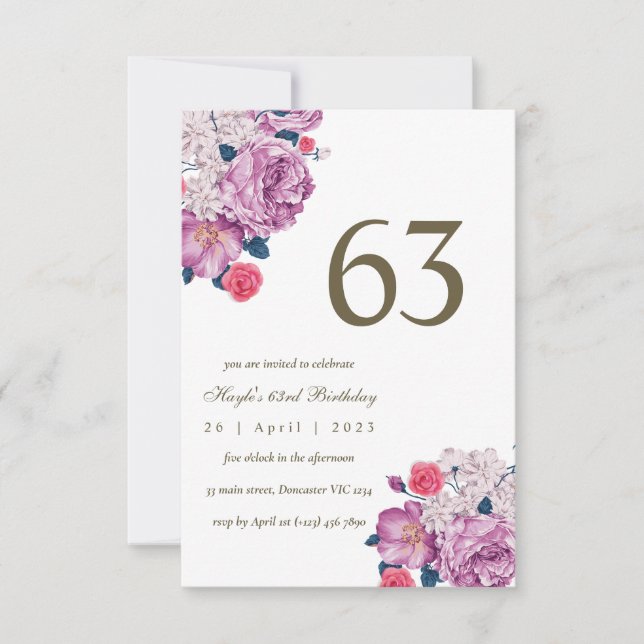 Purple Floral Botanical Simple Chic 63rd Birthday Invitation (Front)