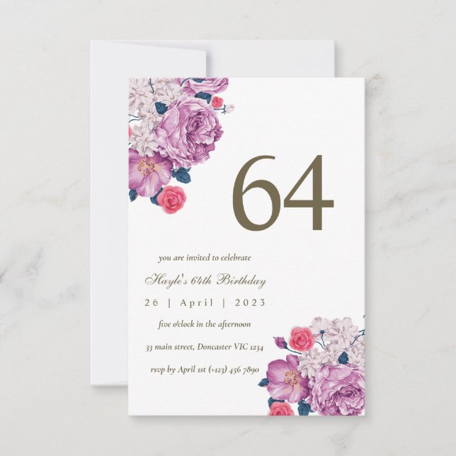 Purple Floral Botanical Simple Chic 64th Birthday Invitation (Front)