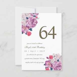 Purple Floral Botanical Simple Chic 64th Birthday Invitation