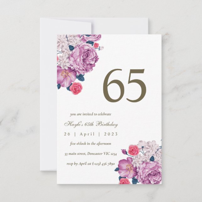Purple Floral Botanical Simple Chic 65th Birthday Invitation (Front)