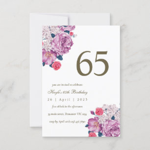 Purple Floral Botanical Simple Chic 65th Birthday Invitation
