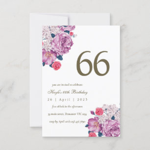 Purple Floral Botanical Simple Chic 66th Birthday Invitation