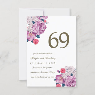 Purple Floral Botanical Simple Chic 69th Birthday Invitation